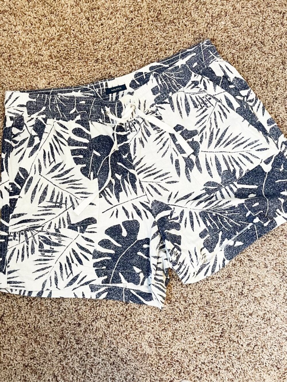Nautica Linen Blend Tropical Print Shorts Women’s Size L Blue White Drawstring